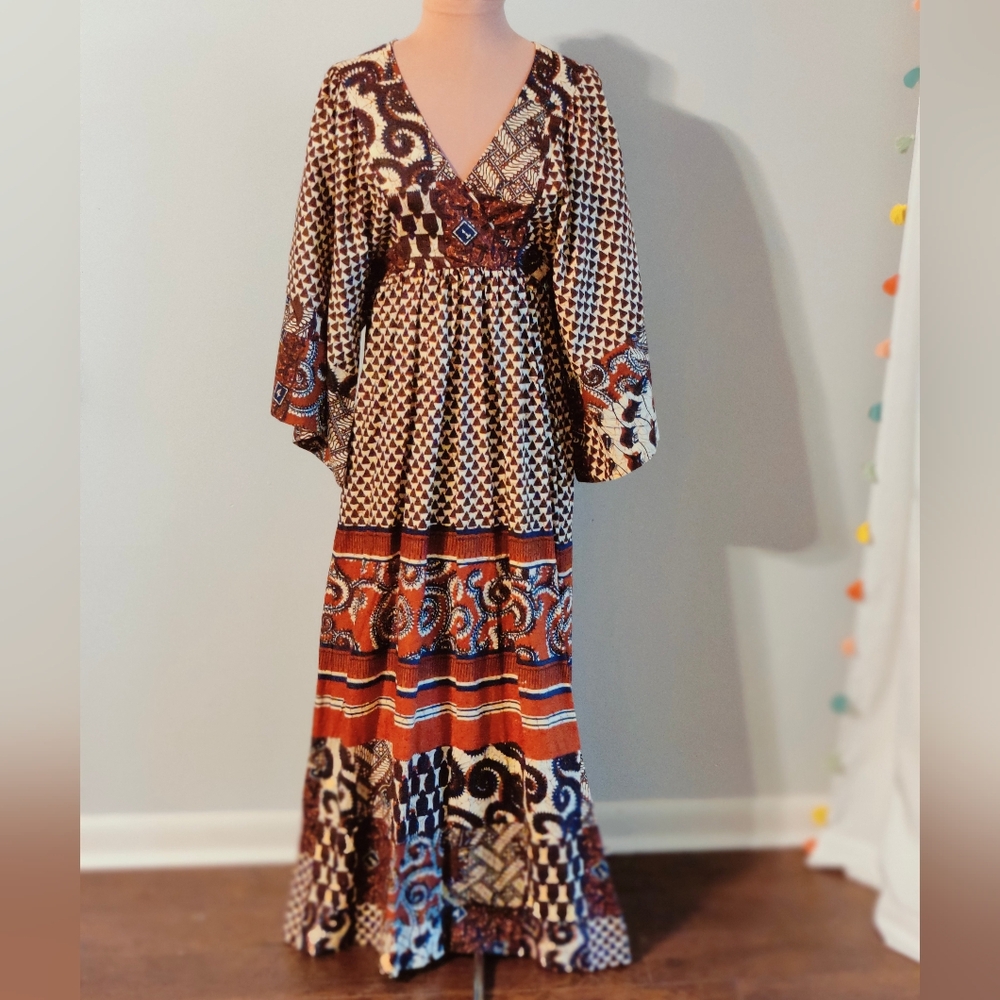 Indian block print Maxi Dress Butterfly Sleeves 70s Vintage natural cotton SM - Picture 10 of 15